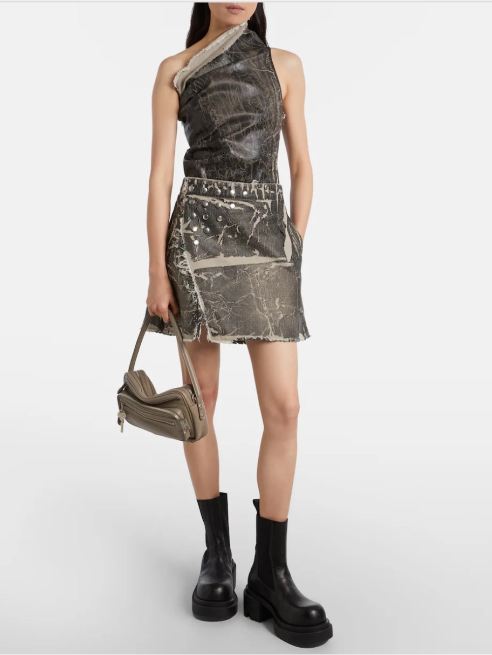 New with tags Rick Owens Distressed foil-coated Gray Mini Skirt. Size small.